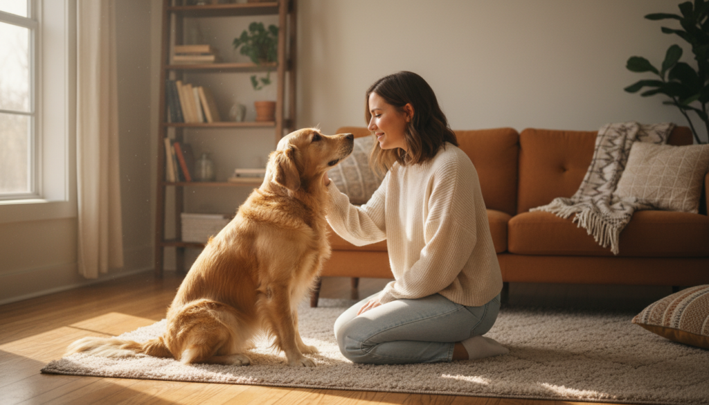 Mulher conversando com seu cão atento, com contato visual