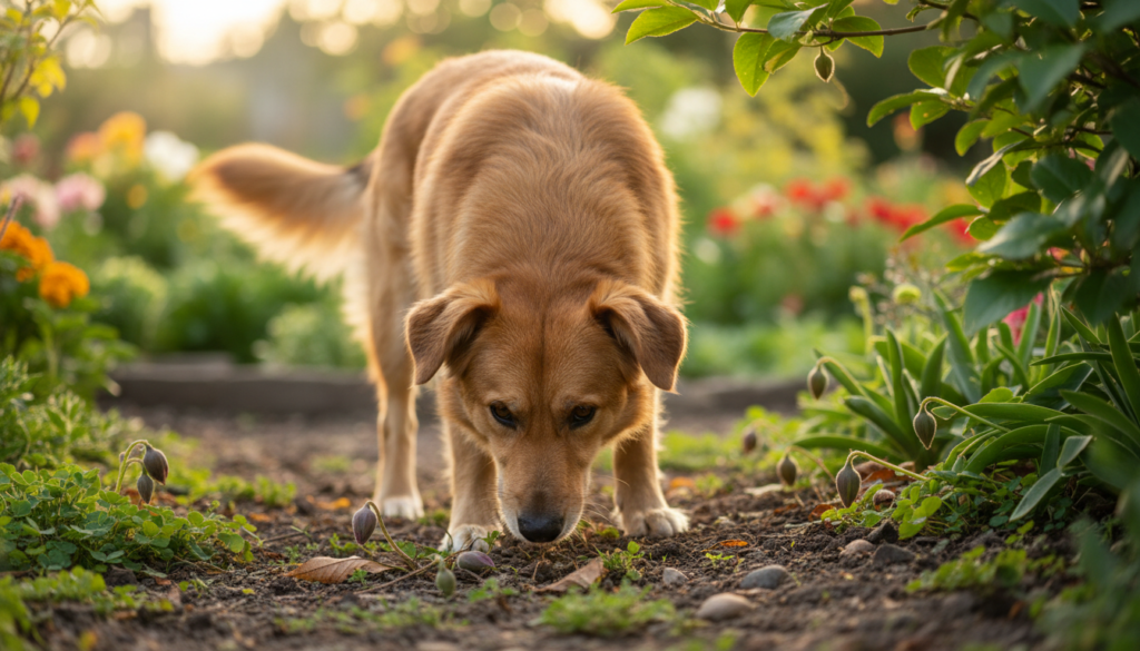Cão farejando o chão em comportamento instintivo natural