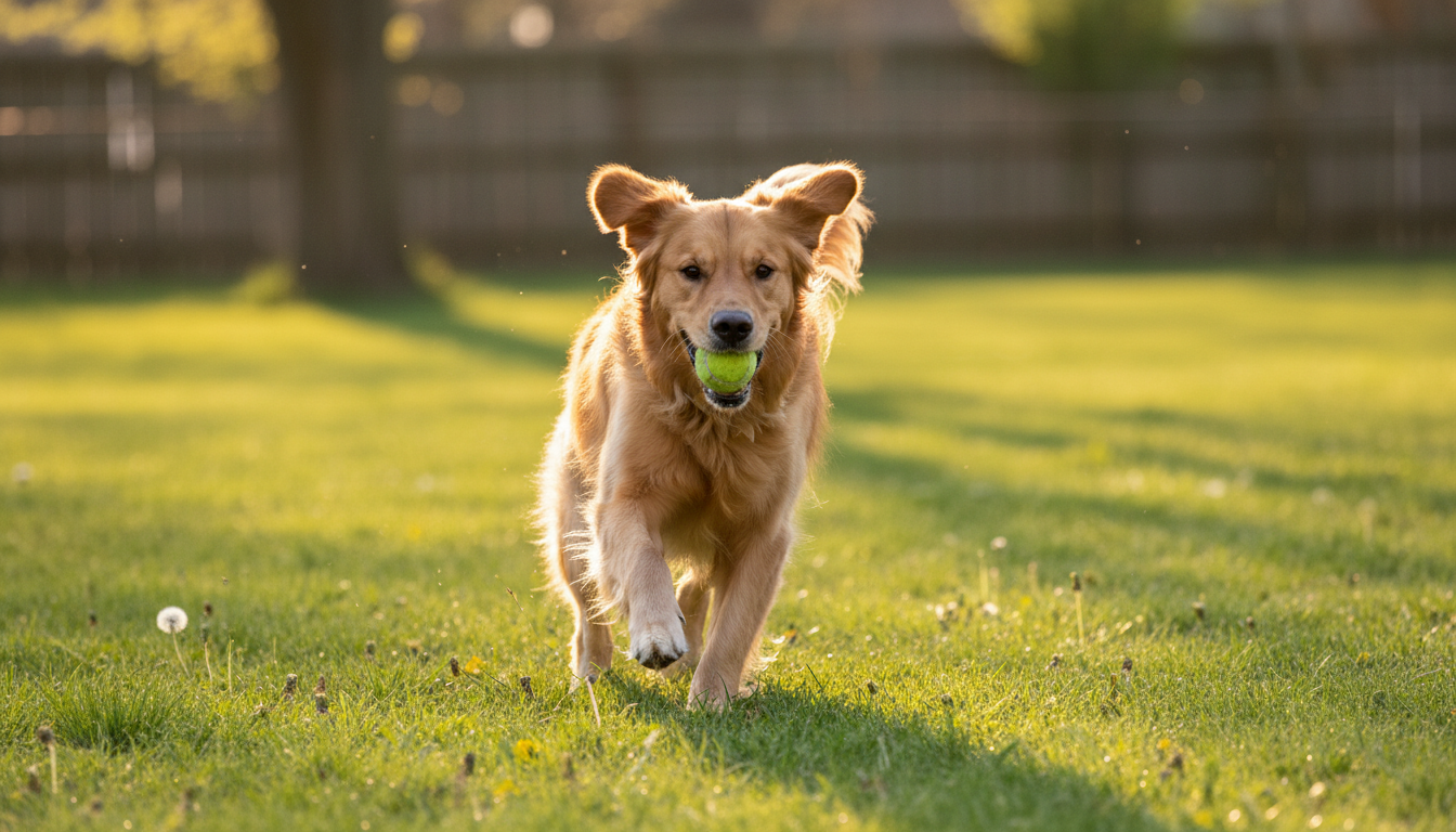 Cão correndo atrás de uma bola no quintal, mostrando o instinto de perseguição