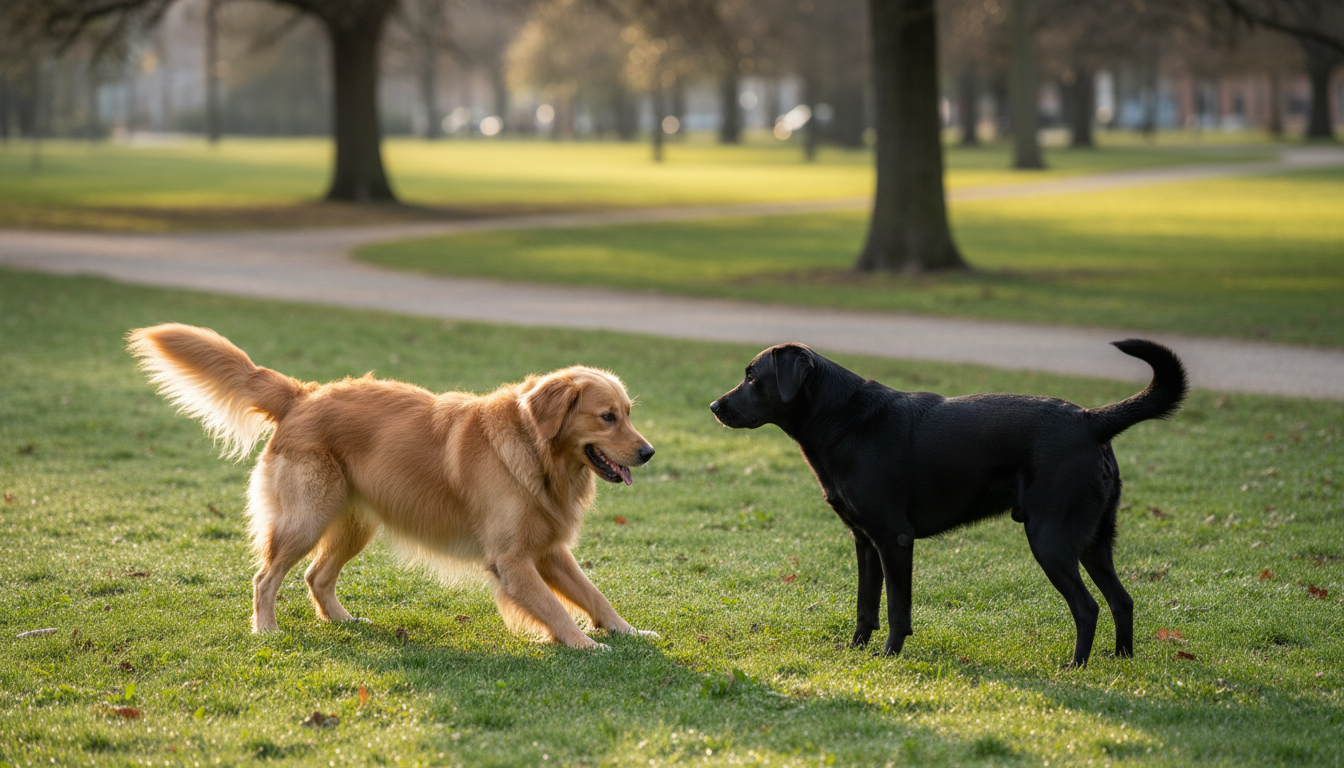 Dois cães se comunicando pela linguagem corporal em um parque