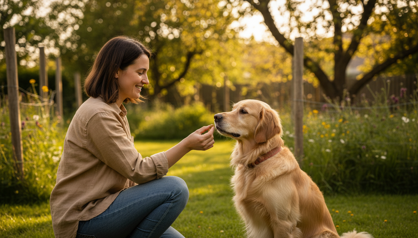 Pessoa recompensando o cão com petisco em treino de reforço positivo