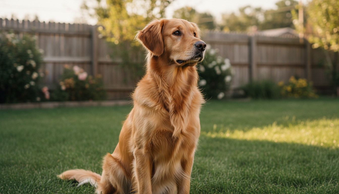 Cão sentado com postura atenta e orelhas para frente no quintal