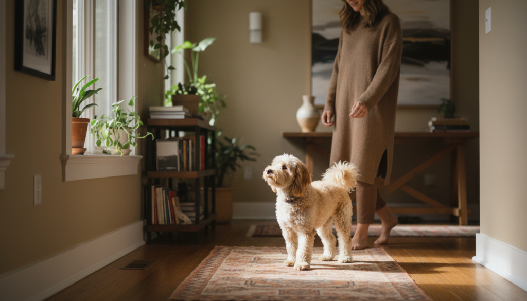 Cão seguindo o tutor pela casa e olhando para ele