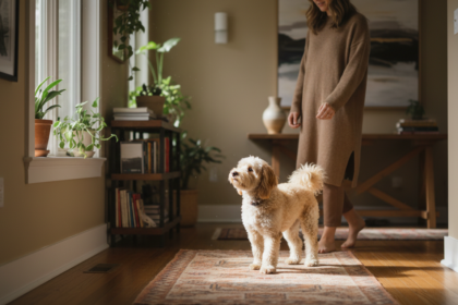Cão seguindo o tutor pela casa e olhando para ele