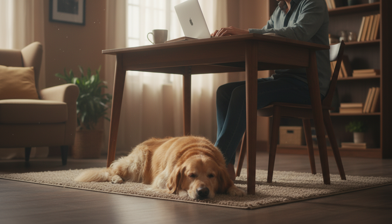 Cão deitado calmamente aos pés do tutor em casa