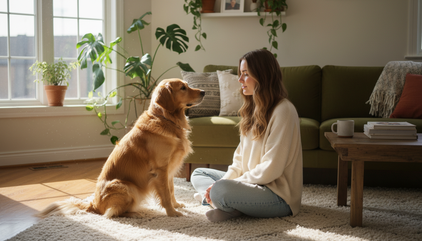 Tutora sentada no chão observando e interagindo com seu cão, entendendo o comportamento canino
