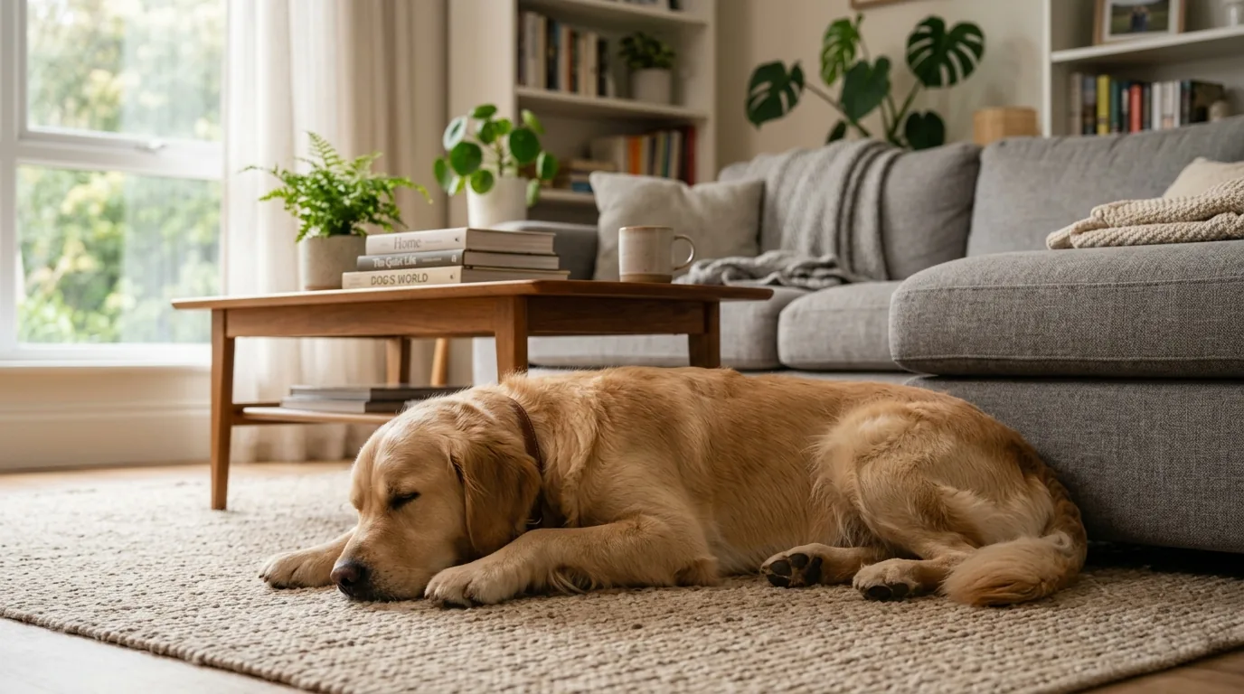 Cão calmo e relaxado deitado em uma sala tranquila, resultado da rotina
