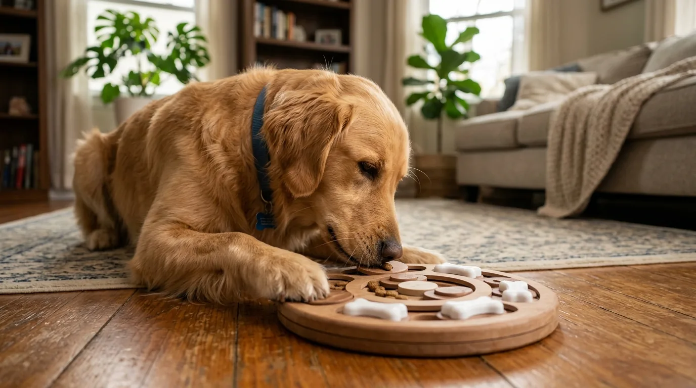 Cão resolvendo um comedouro-desafio com o focinho, jogo de inteligência