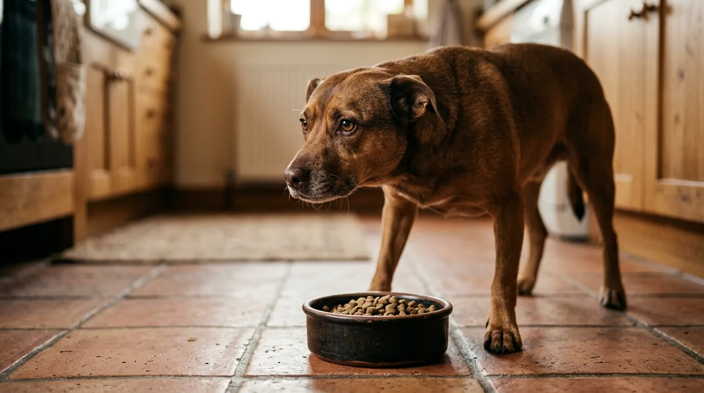 Cao guardando a tigela de comida com corpo tenso, exemplo de guarda de recurso