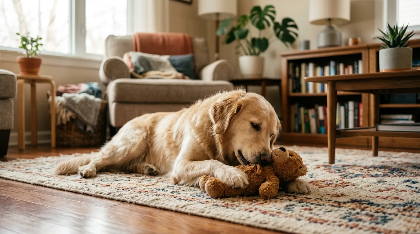 Cão relaxado sozinho mordendo um brinquedo, exemplo de autonomia e segurança