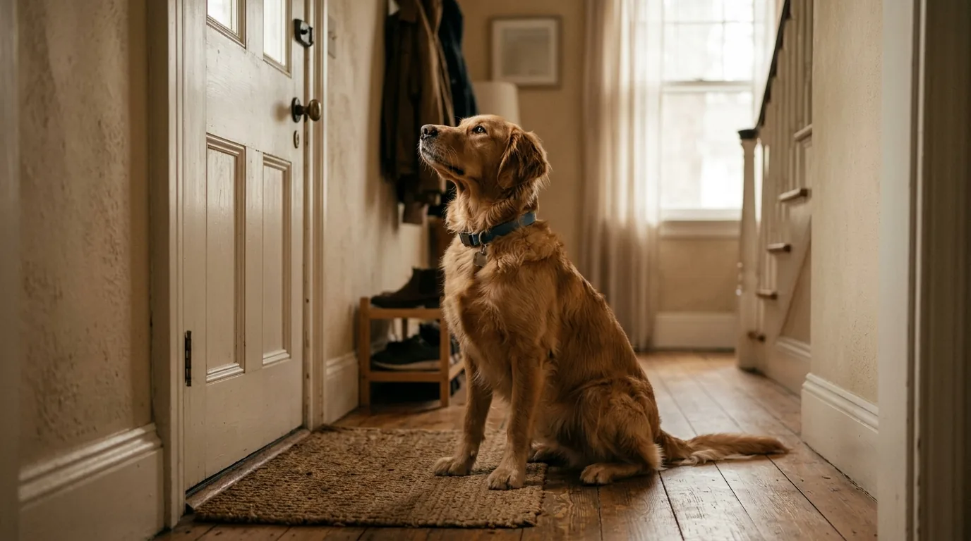 Cão esperando ansioso sentado junto à porta fechada, sinal de dependência