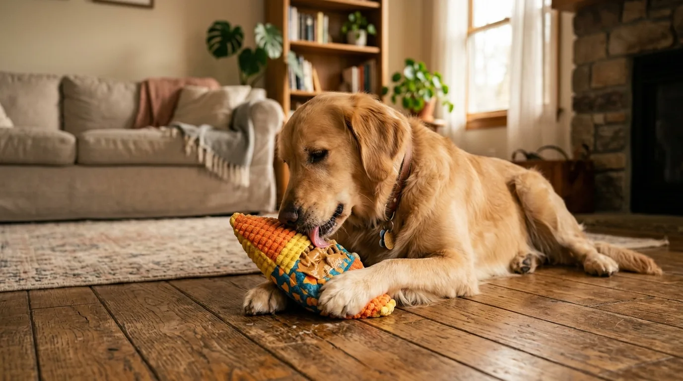 Cão ocupado e tranquilo lambendo um brinquedo recheado sozinho em casa