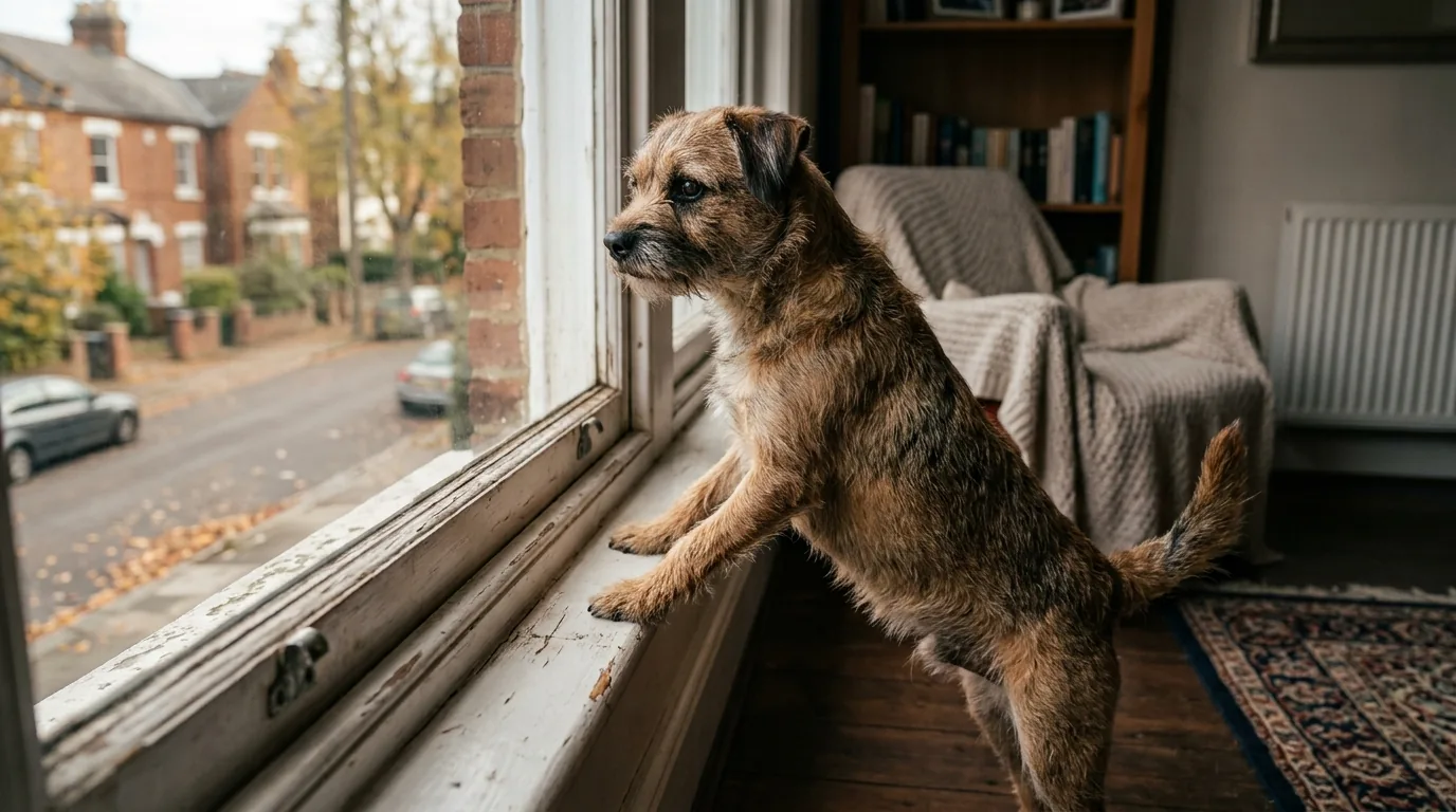 Cão com as patas na janela olhando para fora ansioso, sinal de ansiedade