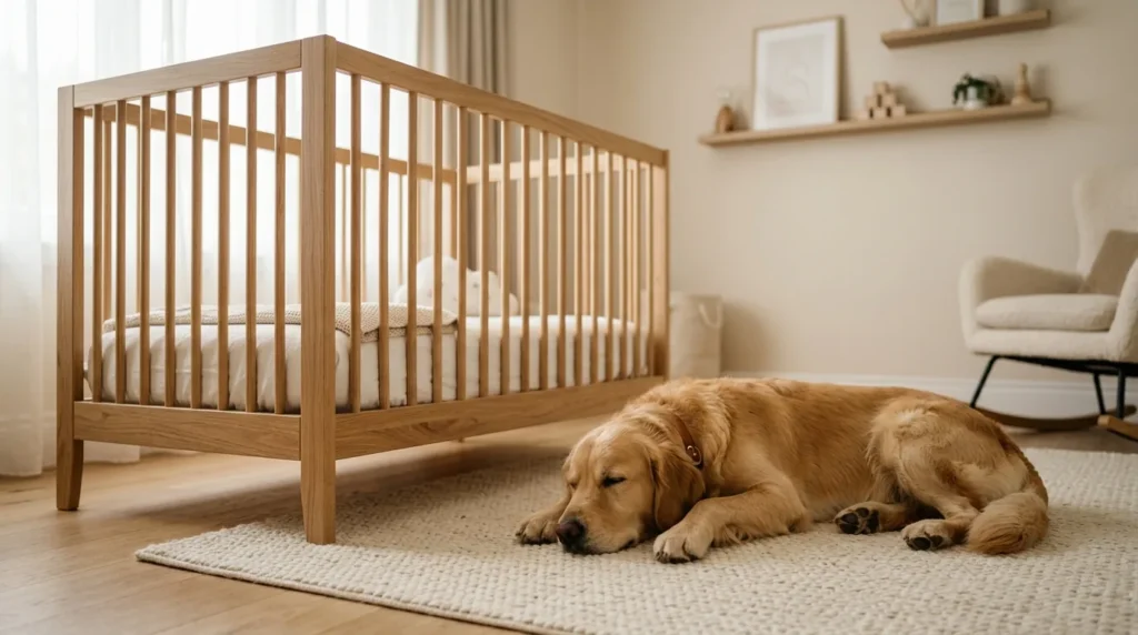 Cão calmo deitado ao lado do berço em um quarto de bebê iluminado