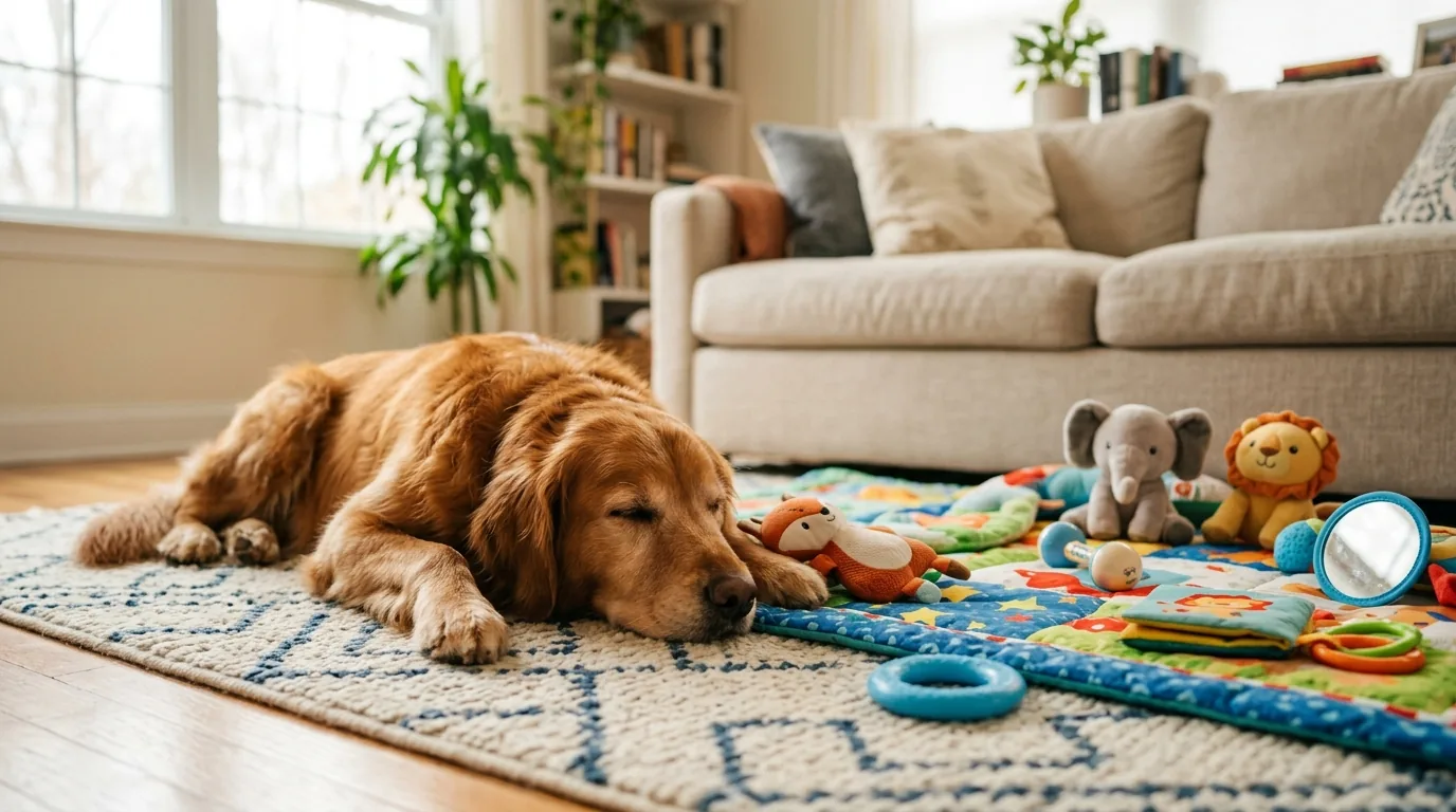 Cão deitado tranquilo ao lado do tapete de atividades do bebê, convivendo bem