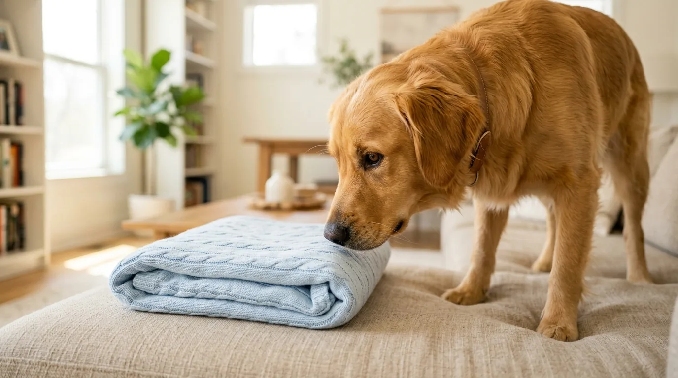 Cão farejando com calma uma manta do bebê, se acostumando ao novo cheiro