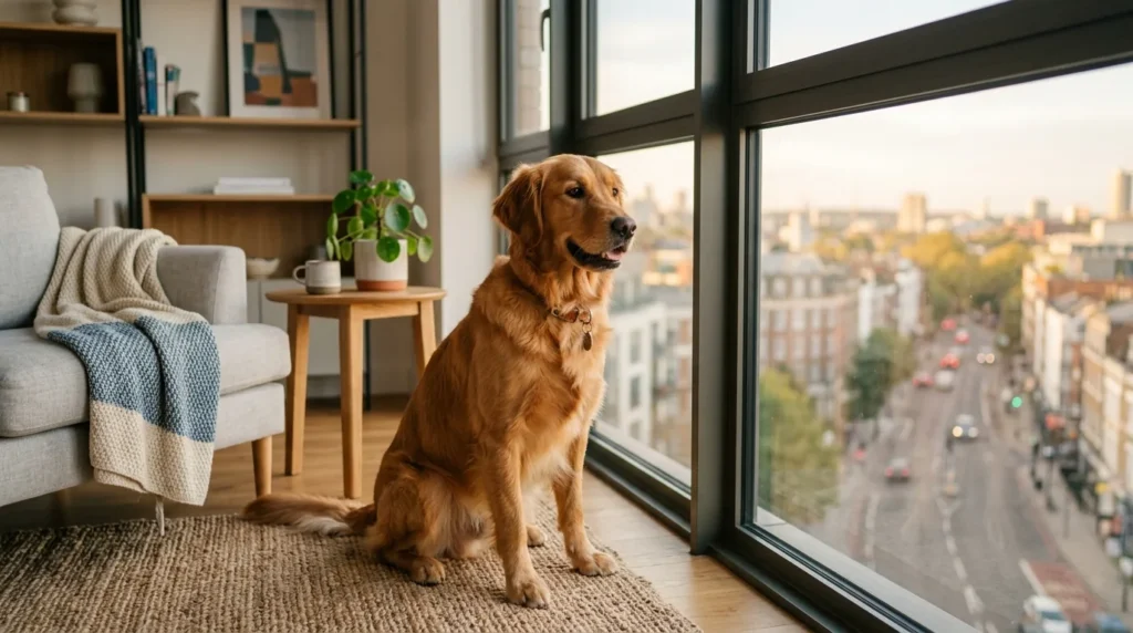 Cão feliz e relaxado junto à janela de um apartamento iluminado com vista da cidade