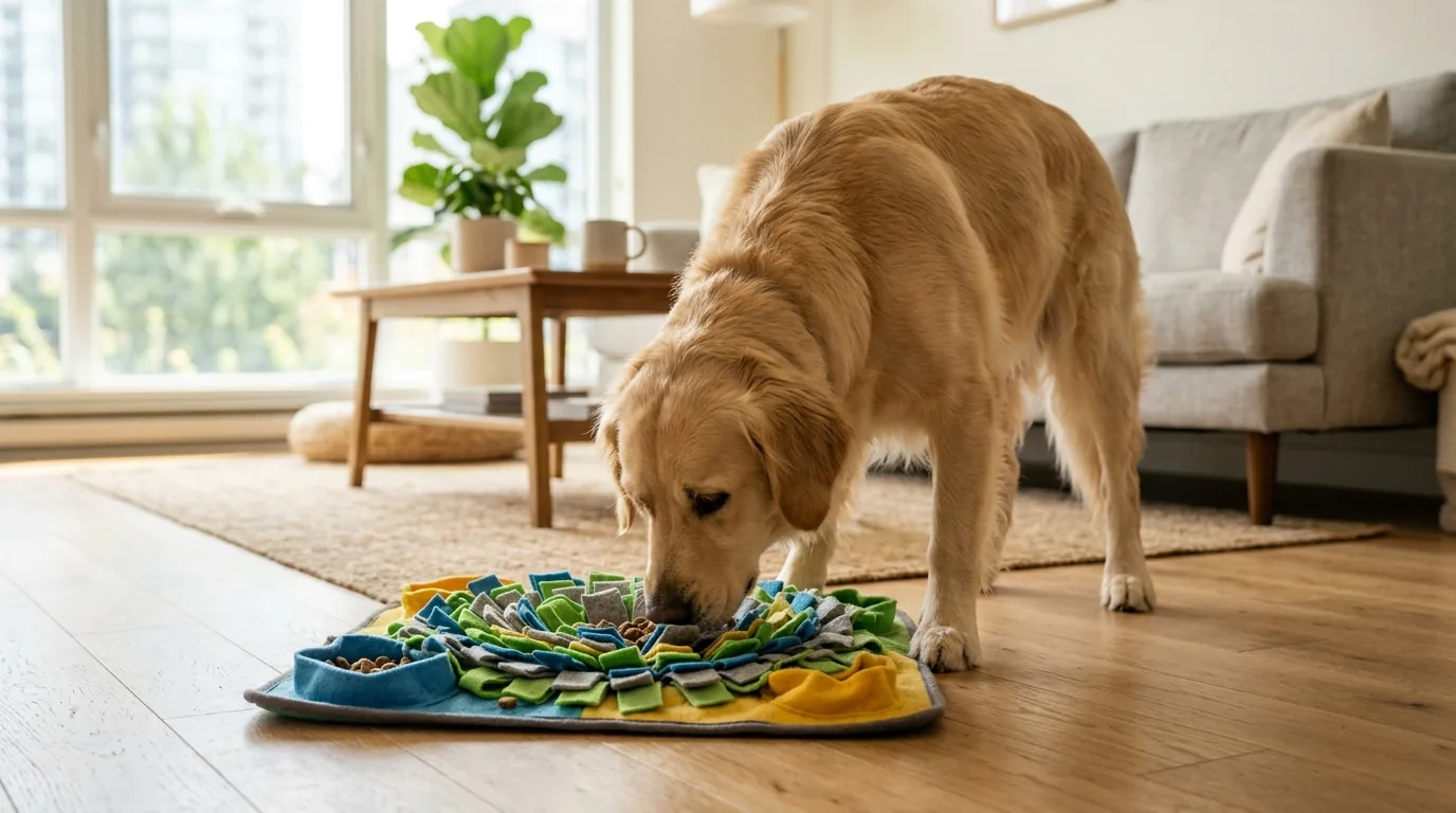 Cão ocupado com um tapete de faro no apartamento, gastando energia mental