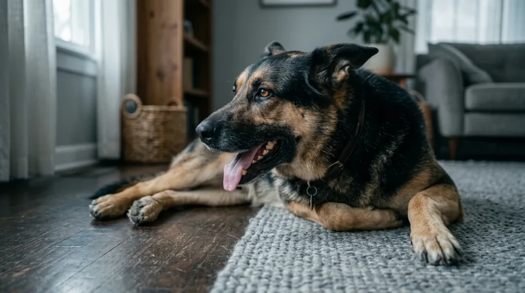 Cao deitado ofegante com sinais de tensao, exemplo de estresse canino