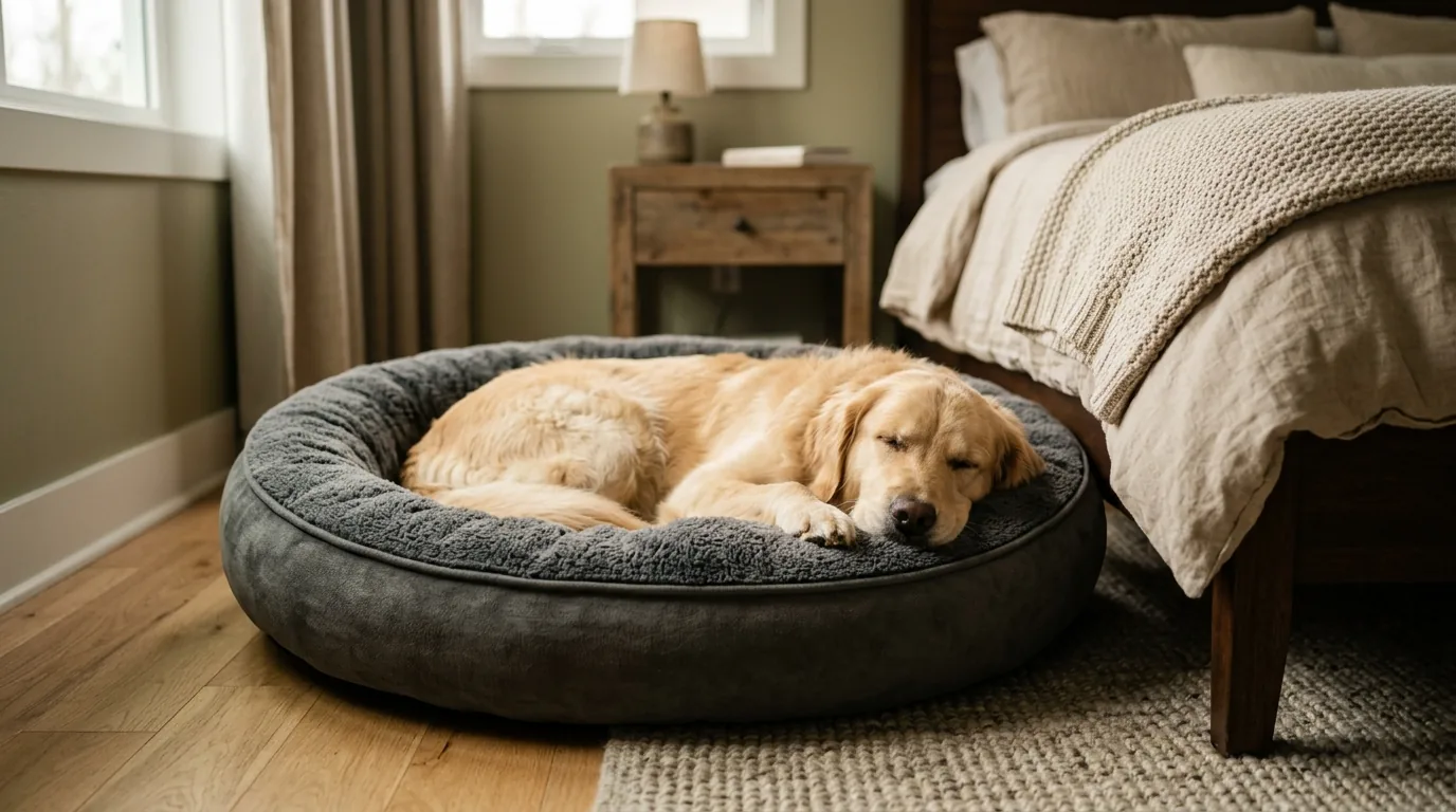Cão descansando na própria caminha no chão ao lado da cama do tutor