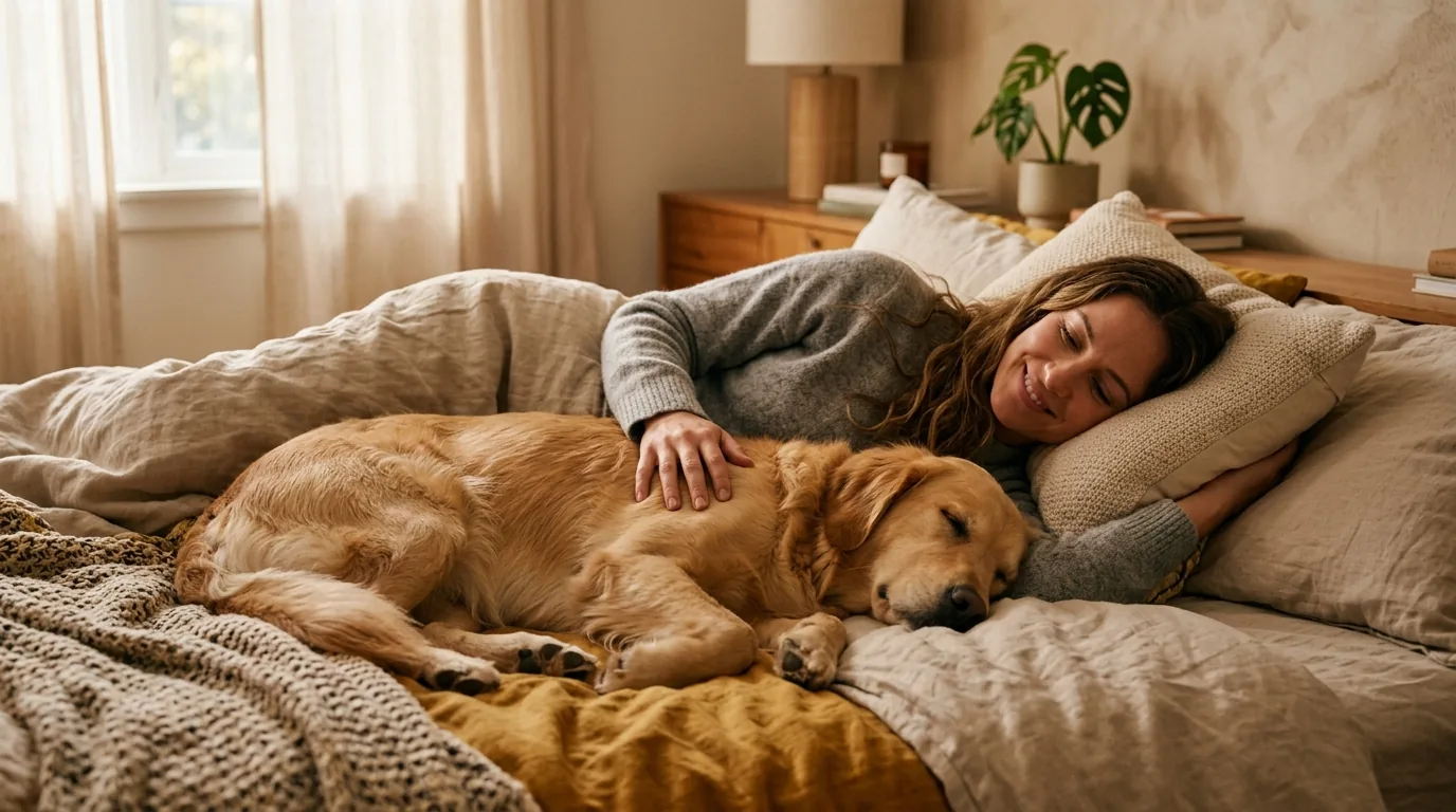 Cão descansando ao lado do tutor na cama, momento de vínculo e conforto
