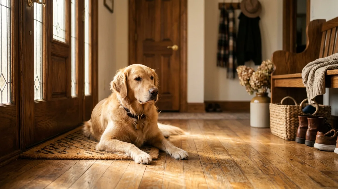 Cão deitado perto da porta em um feixe de luz, percebendo a passagem do tempo