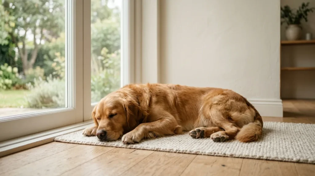 Cão descansando tranquilo sozinho em uma casa iluminada, esperando o tutor