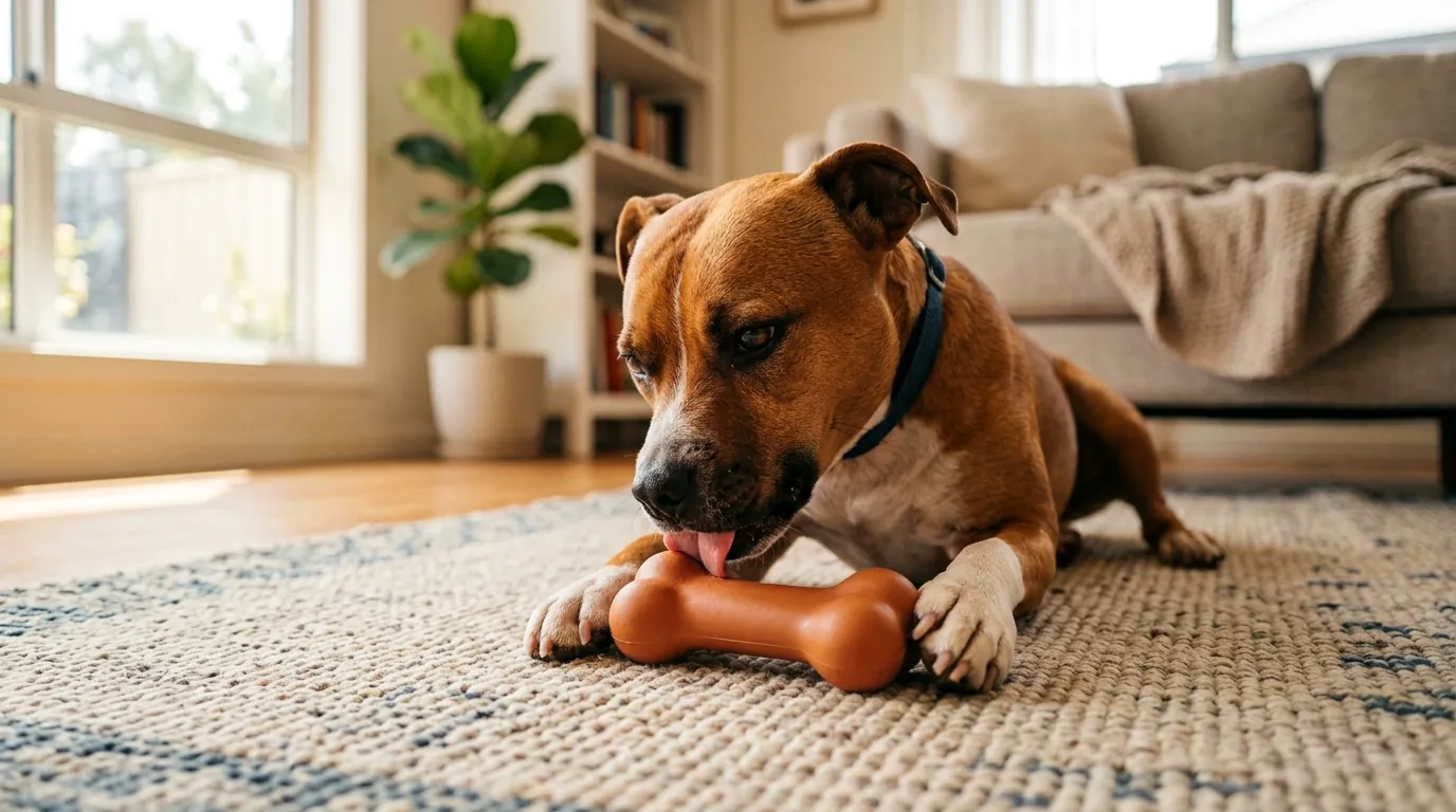 Cão ocupado lambendo um brinquedo recheado durante a ausência do tutor