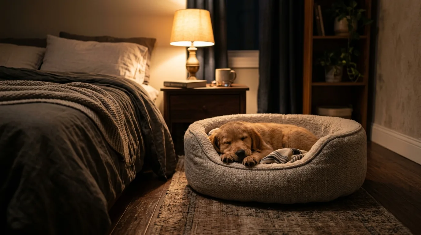 Caminha do filhote no chão ao lado da cama, dando segurança nas primeiras noites