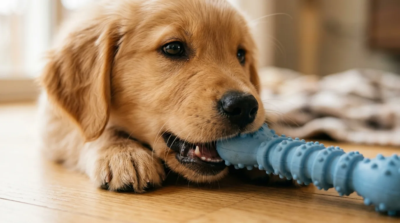 Close de filhote mordendo um brinquedo de dentição de borracha