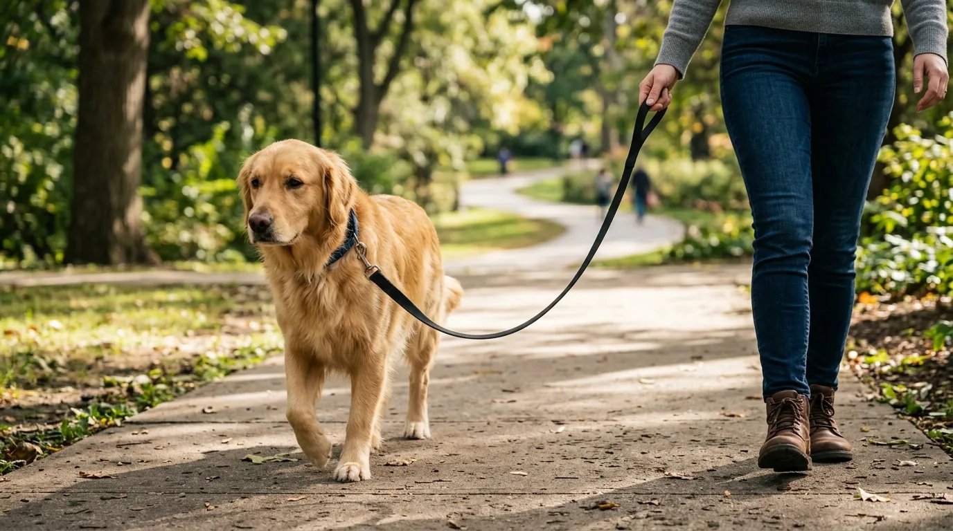 Cão adulto andando calmo na guia frouxa ao lado do tutor, sem puxar