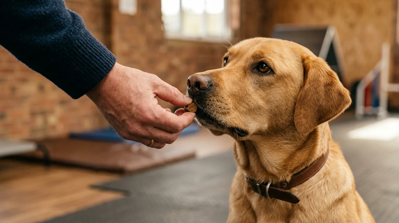 Close da mão recompensando um cão adulto com um petisco durante o treino