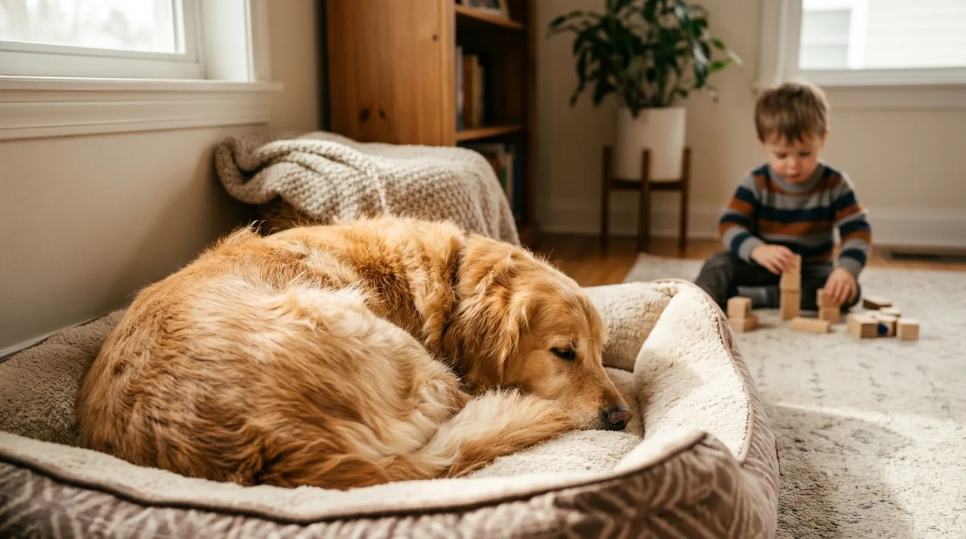 Cão descansando na própria caminha enquanto a criança brinca ao fundo, respeitando o espaço