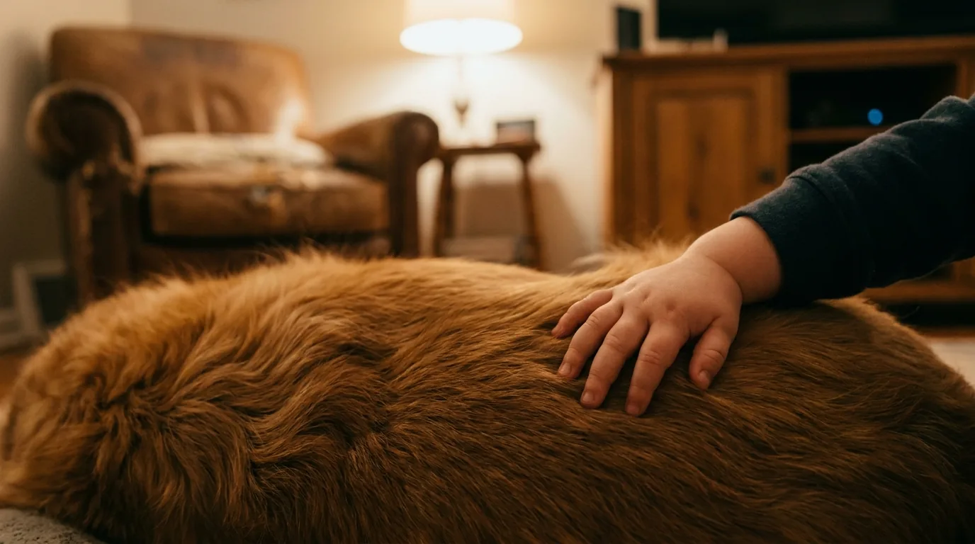 Close da mão pequena de uma criança tocando com delicadeza as costas de um cão calmo