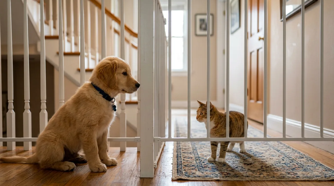 Cão e gato se conhecendo a distância com um portãozinho entre eles