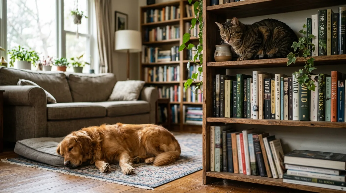 Gato observando de uma prateleira alta o cão descansando no chão