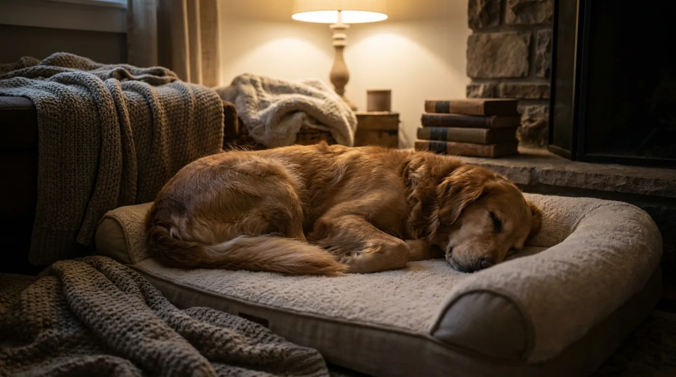 Cão dormindo profundamente em uma caminha num canto tranquilo e aconchegante