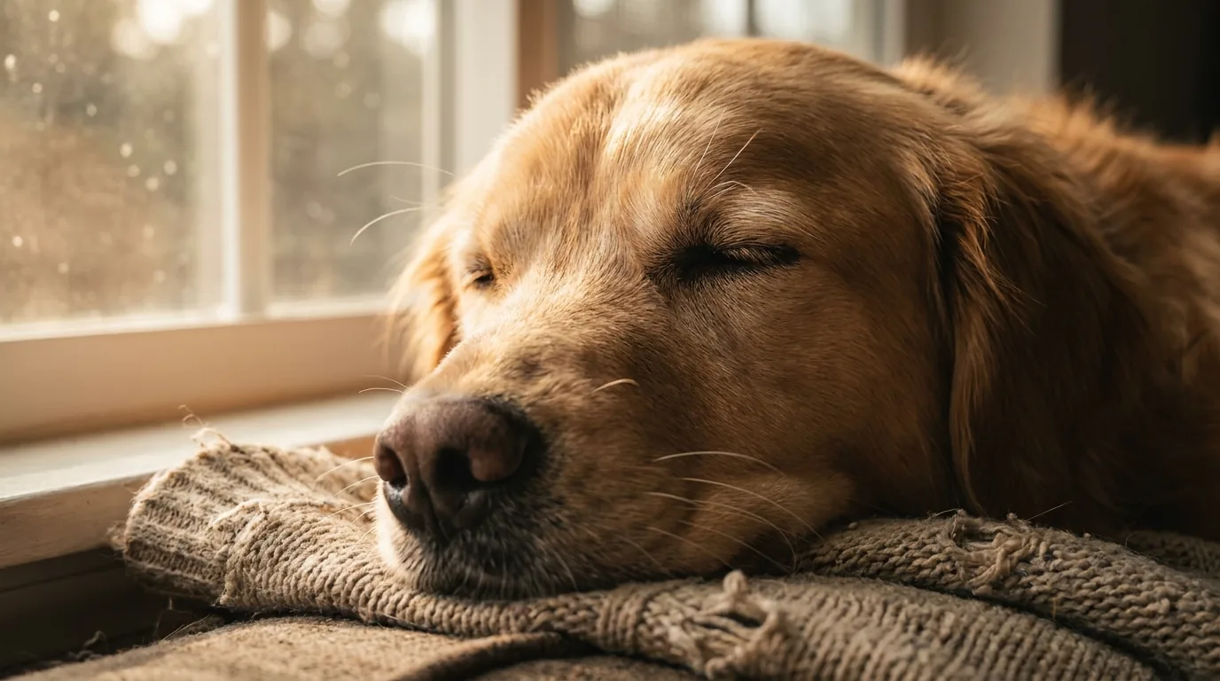 Close do focinho de um cão dormindo tranquilo, olhos fechados, durante o sono REM