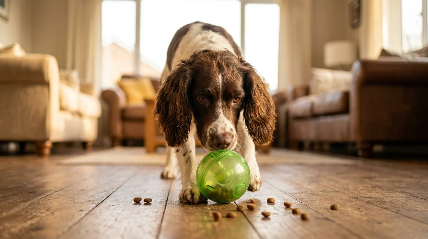 Cão concentrado empurrando uma bola dispensadora de petiscos, desafio mental