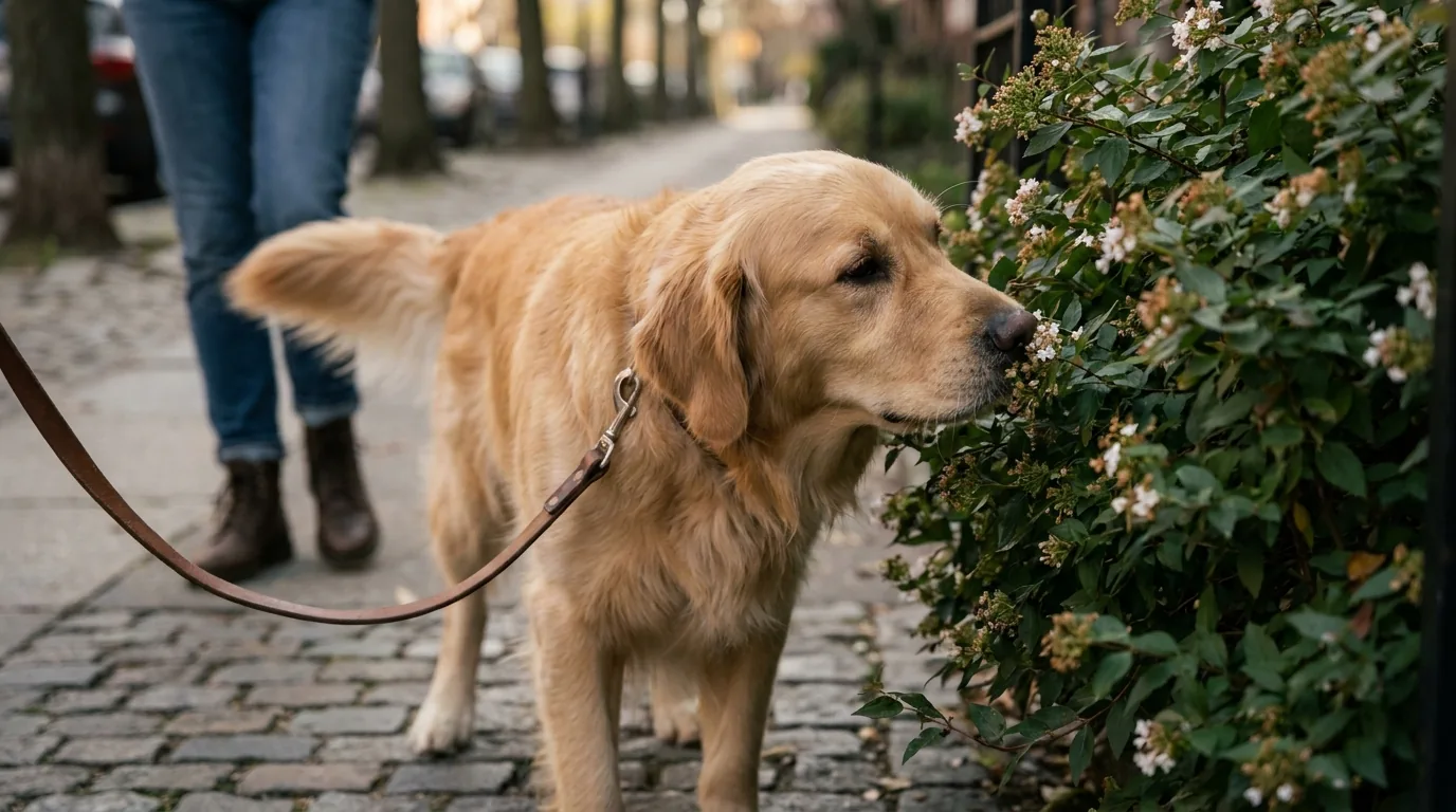Cão parando para farejar um arbusto durante um passeio tranquilo na guia