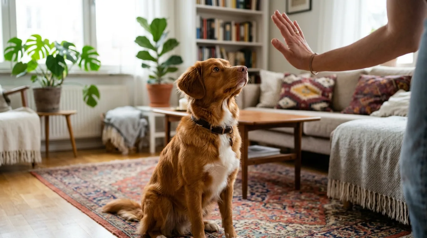 Cão sentado olhando para a mão do tutor que faz um sinal