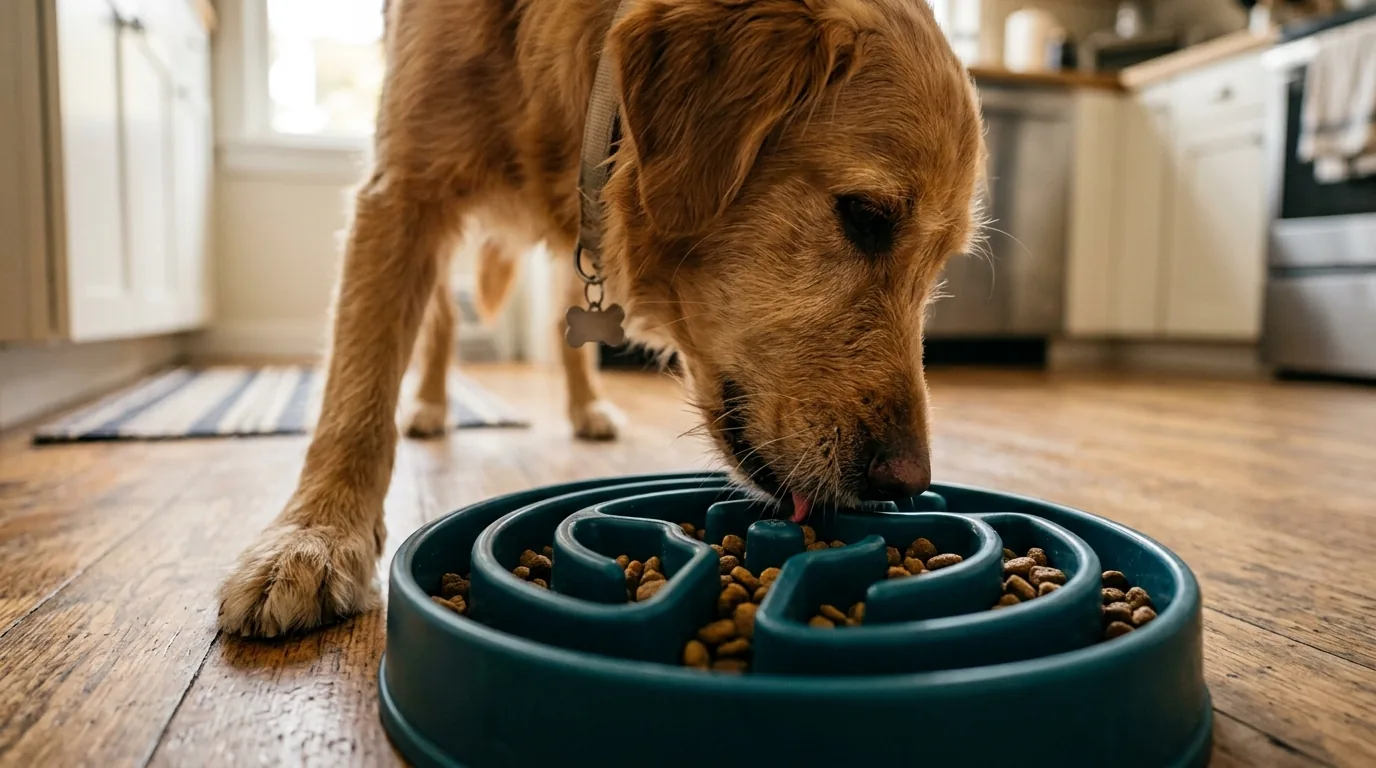 Cão comendo ração em um comedouro lento de labirinto