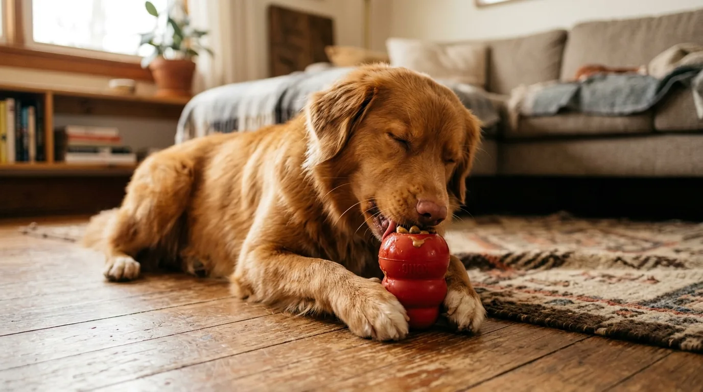 Cão lambendo um Kong recheado segurando entre as patas