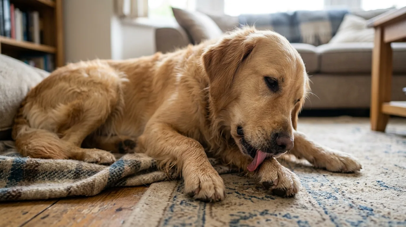 Cão deitado lambendo a própria pata de forma repetida