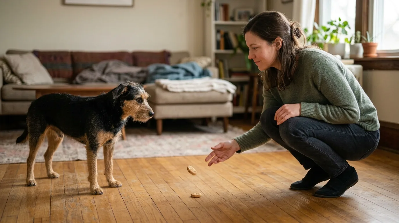 Pessoa agachada jogando um petisco para um cão cauteloso a distância