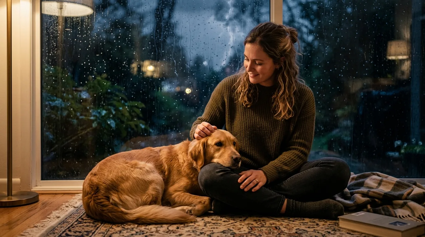 Tutora sentada no chão acolhendo o cão com calma durante uma tempestade
