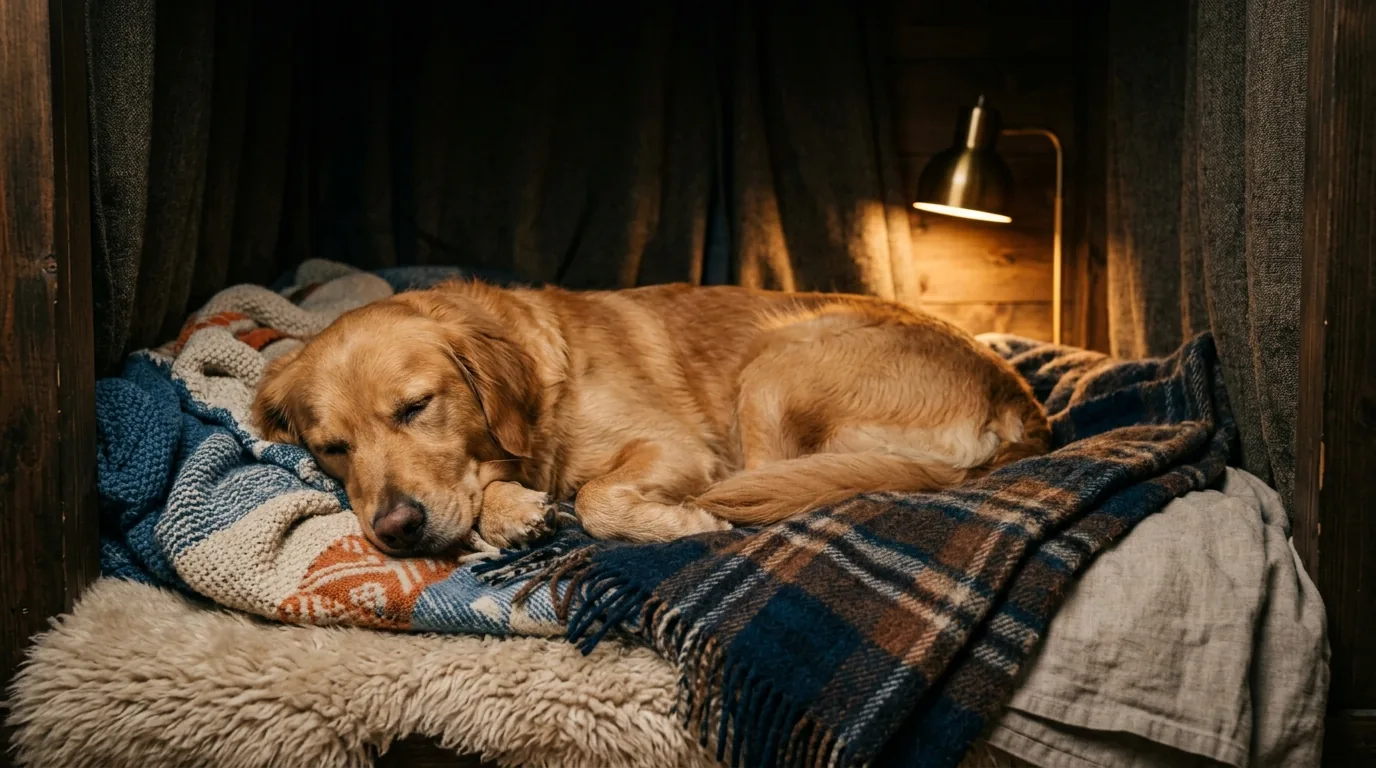 Cão descansando tranquilo em um refúgio aconchegante, longe das janelas