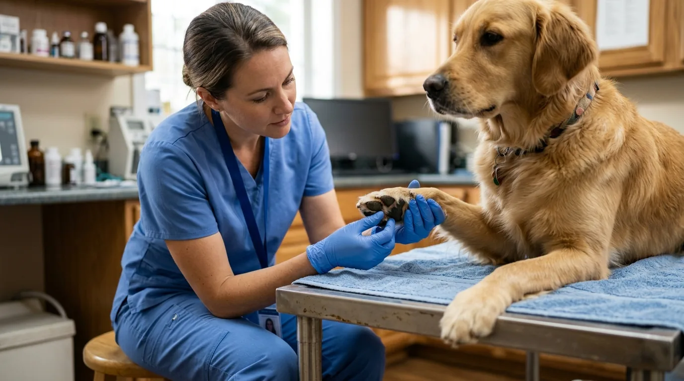 Veterinária examinando com cuidado a pata dianteira de um cão