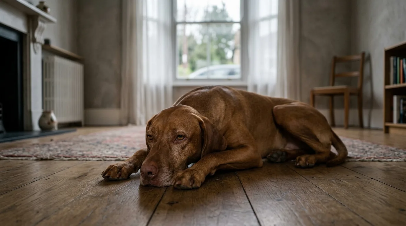 Cão entediado deitado sozinho no chão de uma sala vazia