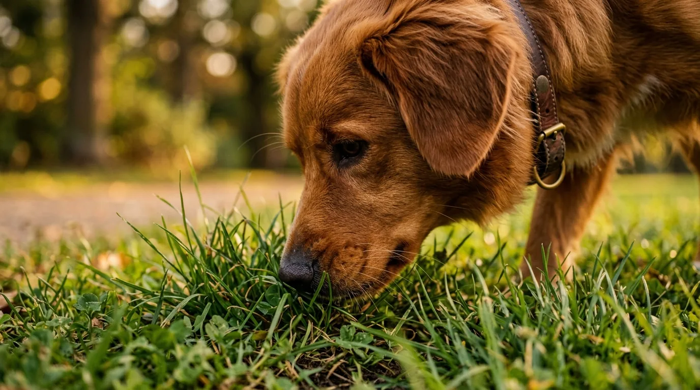 Close de um cão farejando a grama durante o passeio